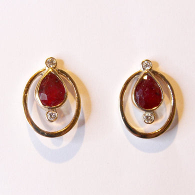 9ct Yellow Gold Ruby and Diamond Stud Drop Earrings