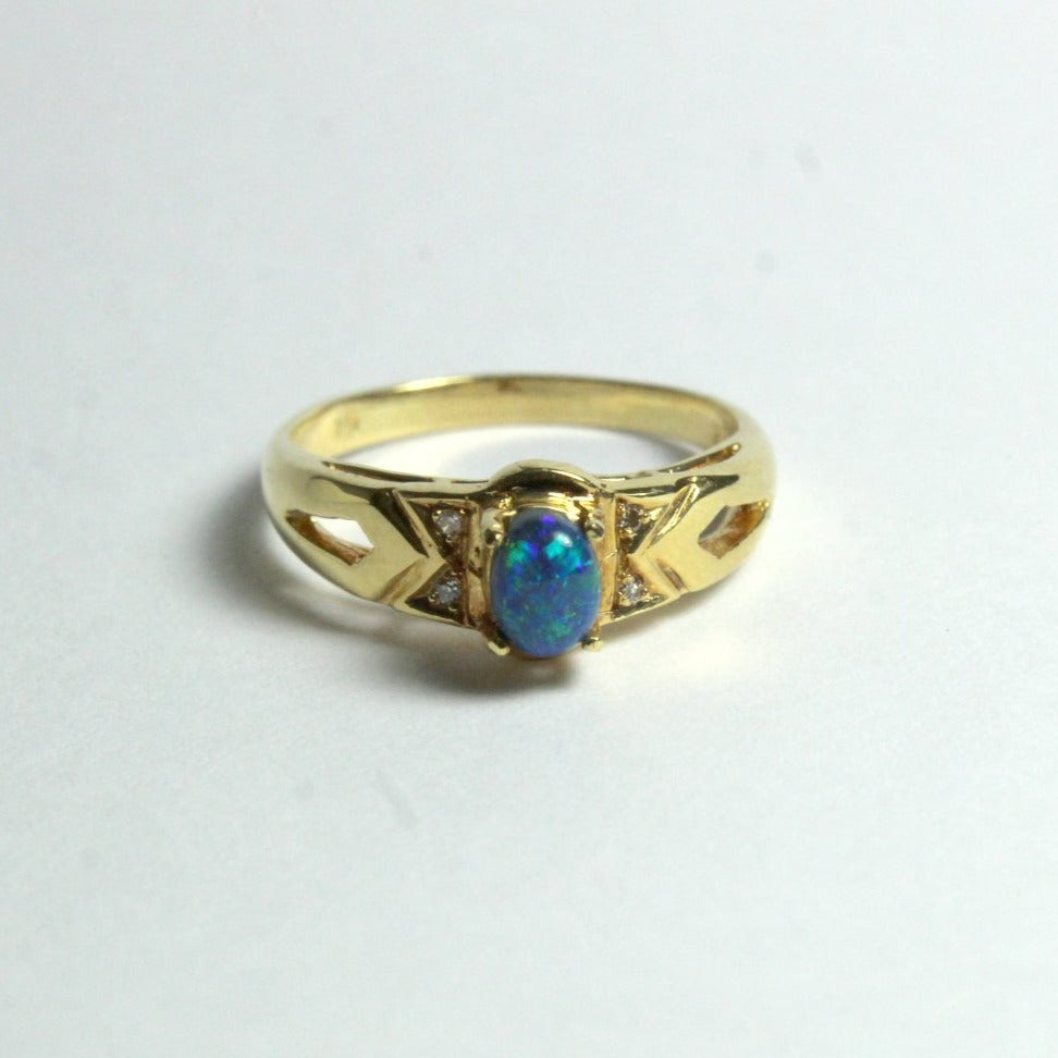 18ct Yellow Gold Solid Opal and Diamond Ring