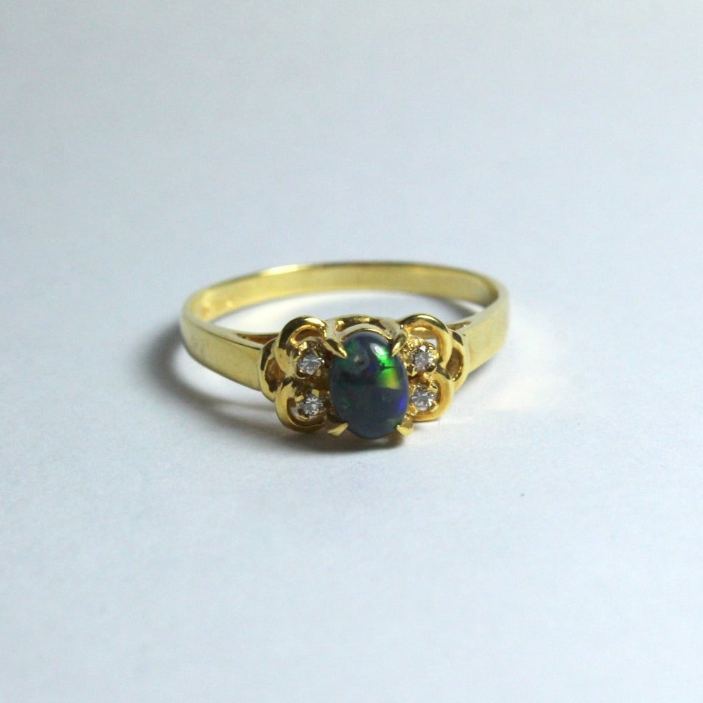 18ct Yellow Gold Solid Opal and Diamond Ring