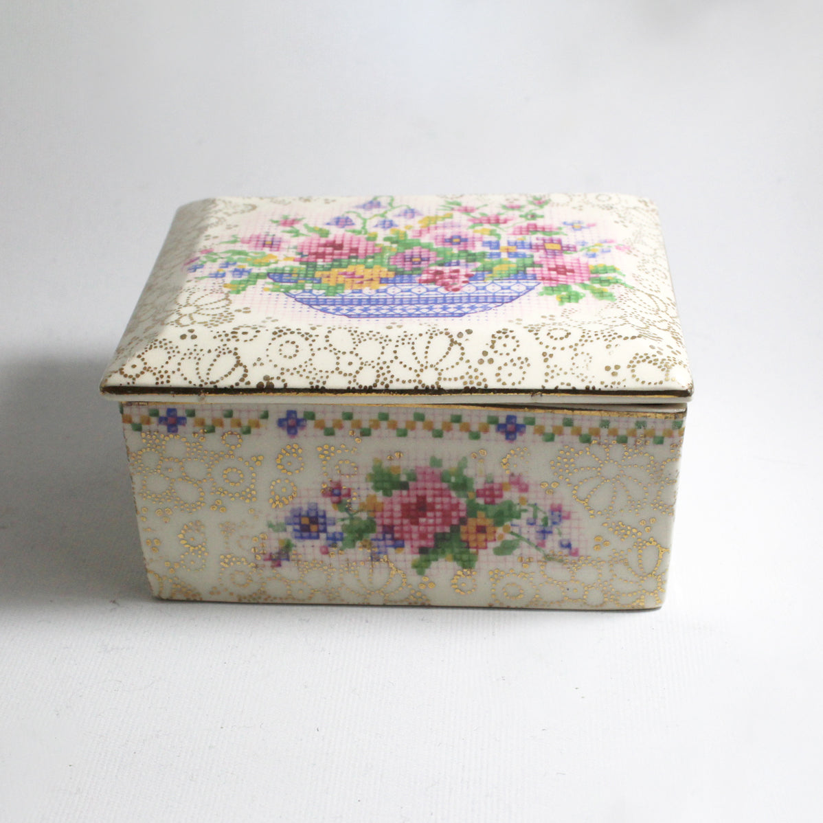 Antique Porcelain Hollinshead & Kirkham Tunstall Cross Stitch Box