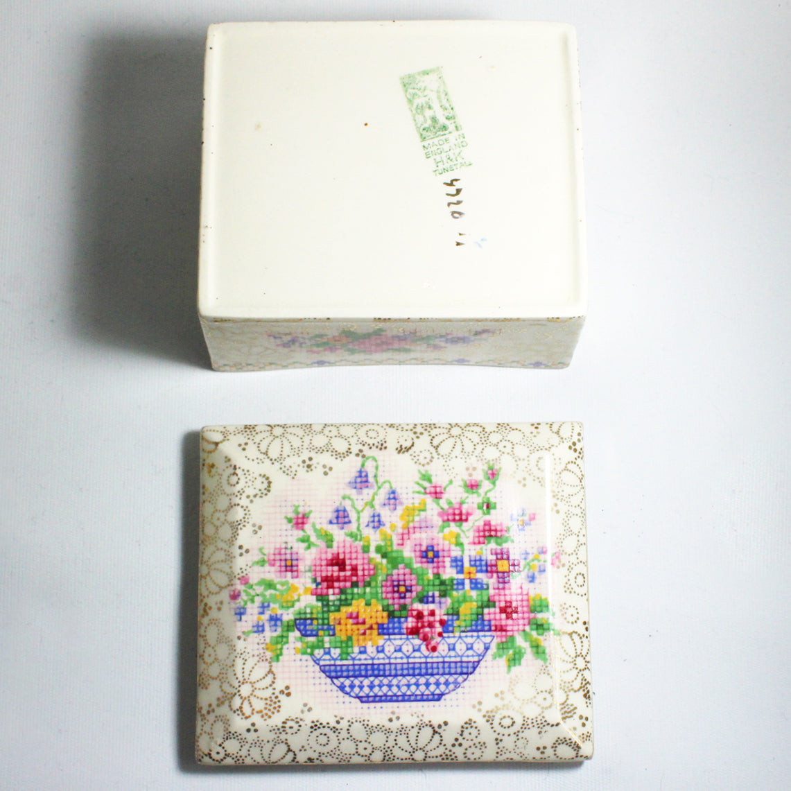 Antique Porcelain Hollinshead & Kirkham Tunstall Cross Stitch Box