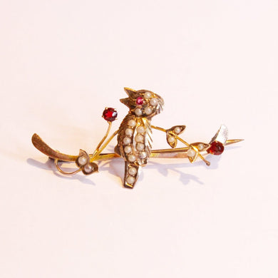 Antique 9ct Yellow Gold Seed Pearl and Ruby Brooch