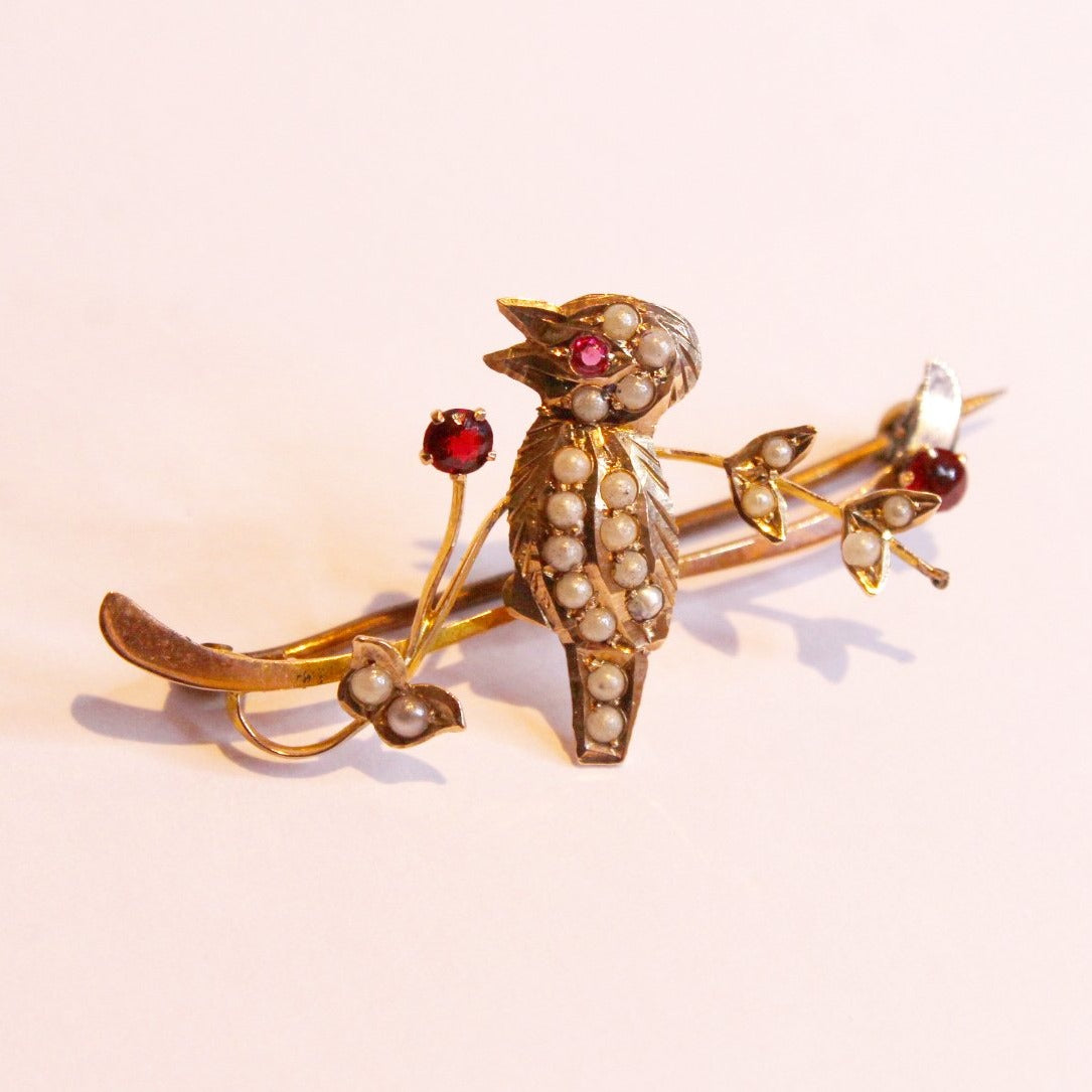 Antique 9ct Yellow Gold Seed Pearl and Ruby Brooch