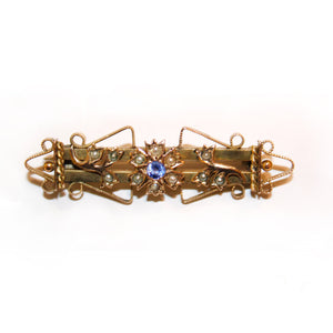 Antique 9ct Yellow Gold Sapphire and Seed Pearl Bar Brooch