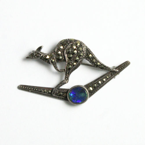 Vintage Sterling Silver Marcasite and Black Opal Brooch