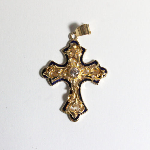 Vintage 9ct Yellow Gold White Sapphire and Blue Enamel Cross Pendant