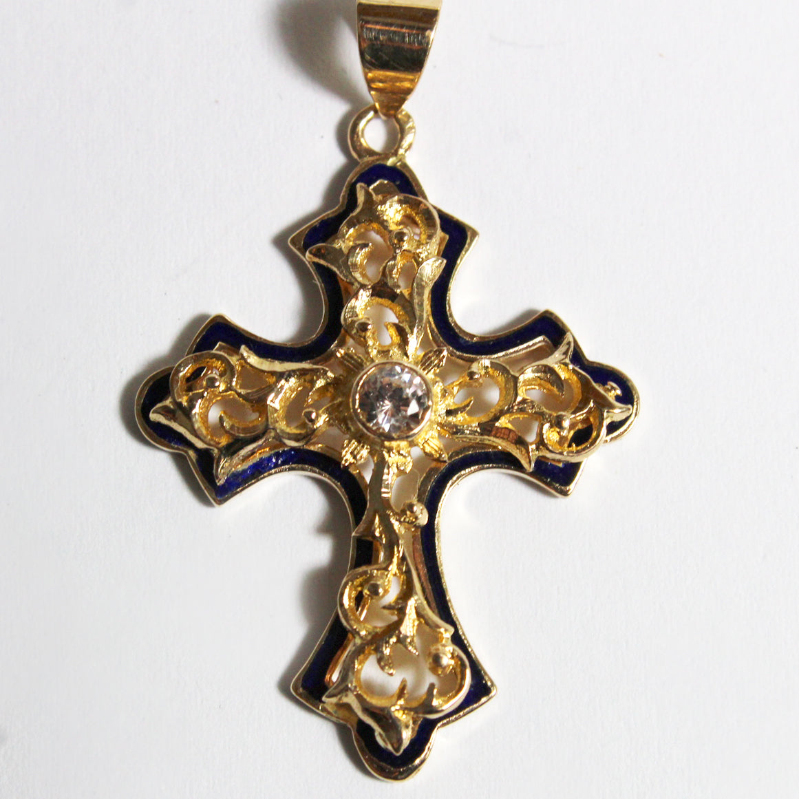 Vintage 9ct Yellow Gold White Sapphire and Blue Enamel Cross Pendant