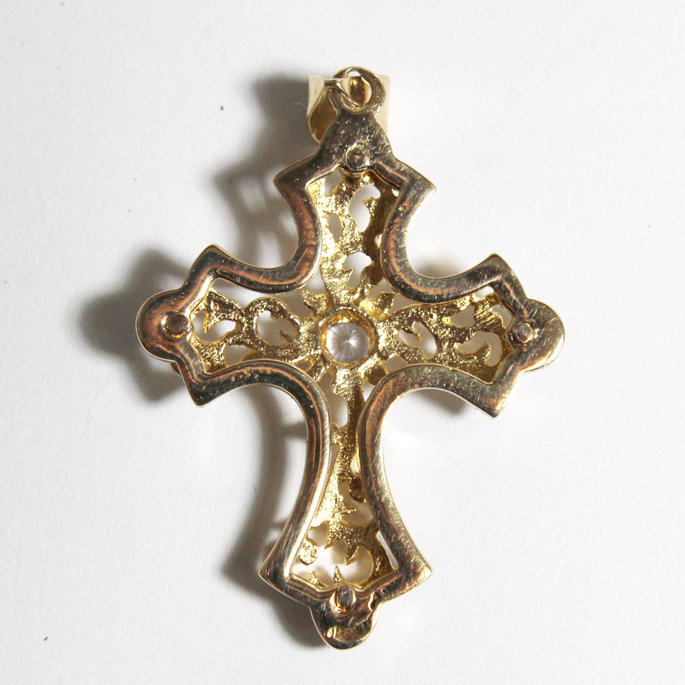 Vintage 9ct Yellow Gold White Sapphire and Blue Enamel Cross Pendant
