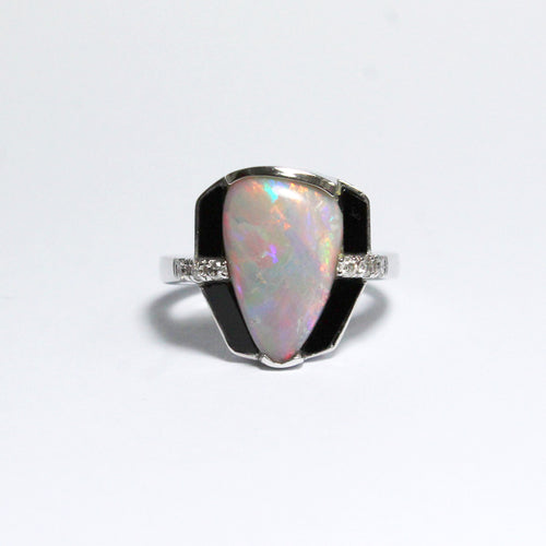 Solid White Opal, Black Onyx and Diamond Dress Ring