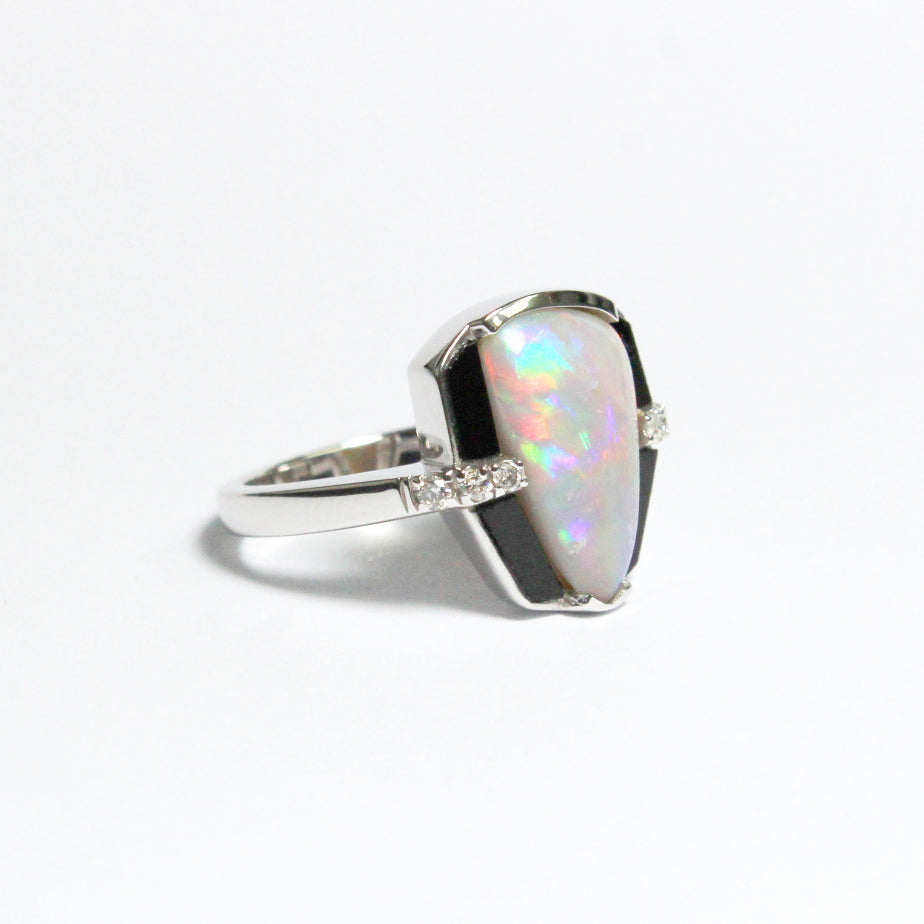 Solid White Opal, Black Onyx and Diamond Dress Ring