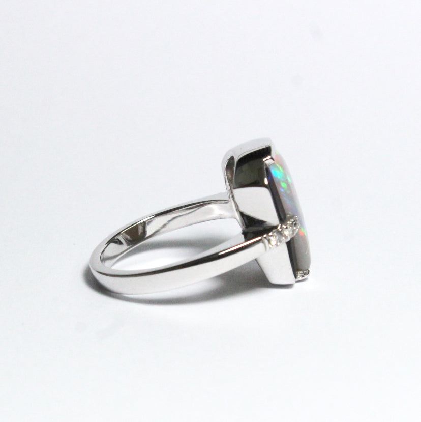 Solid White Opal, Black Onyx and Diamond Dress Ring