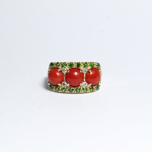 Yellow Gold Momo Coral, Diopside and Diamond Bridge Ring