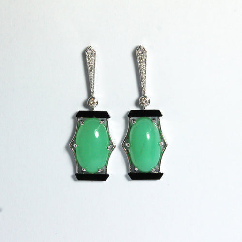 White Gold Chrysoprase, Black Onyx and Diamond Earrings