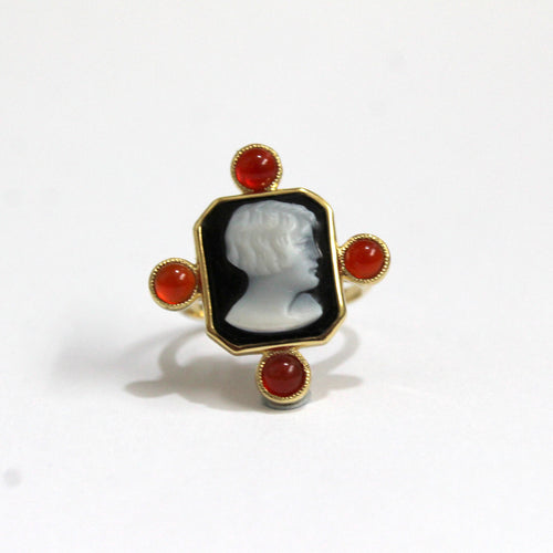 Banded Agate Cameo and Carnelian Cocktail Ring