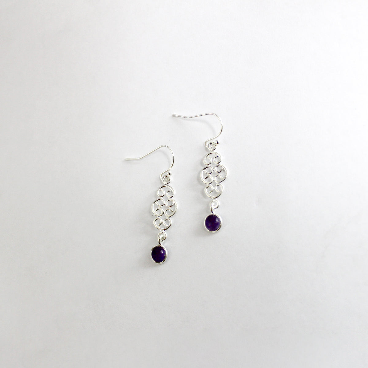 Sterling Silver Curled Wire Amethyst Hook Drop Earrings