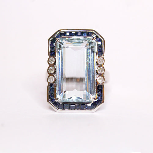 White Gold Aquamarine, Sapphire and Diamond Ring