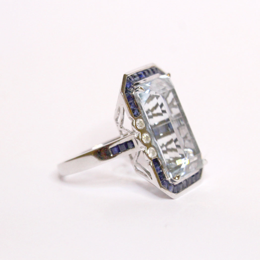 White Gold Aquamarine, Sapphire and Diamond Ring
