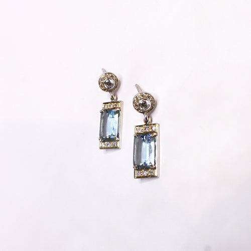 9ct White Gold Aquamarine and Diamond Stud Drop Earrings