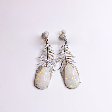 Solid Opal and Diamond Feather Earrings