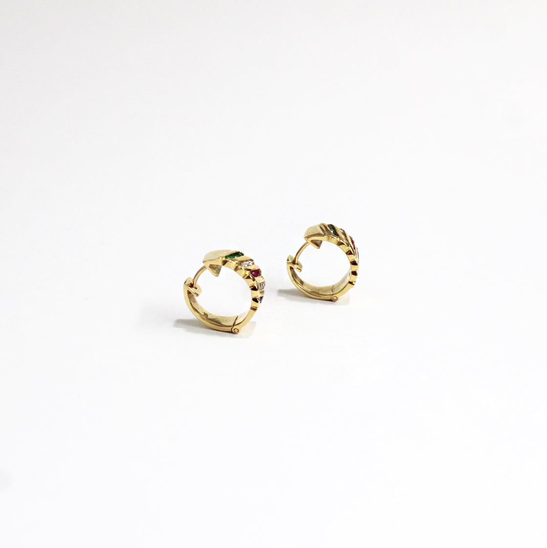 Vintage 18ct Yellow Gold Red, Green, Blue and White Cubic Zirconia Sleeper Hoop Earrings
