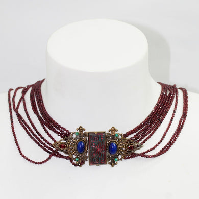 Antique Garnet Multi-Strand Brass Decorated Clasp Necklace