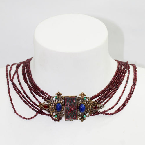 Antique Garnet Multi-Strand Brass Decorated Clasp Necklace