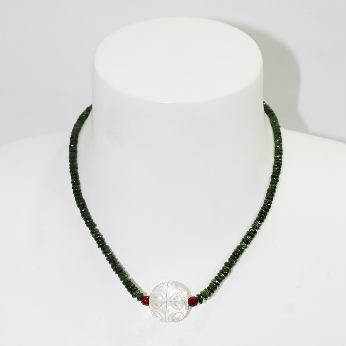 Chrome Diopside, Garnet and Carved Rock Crystal Necklace