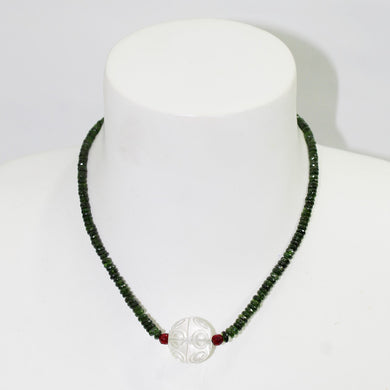 Chrome Diopside, Garnet and Carved Rock Crystal Necklace
