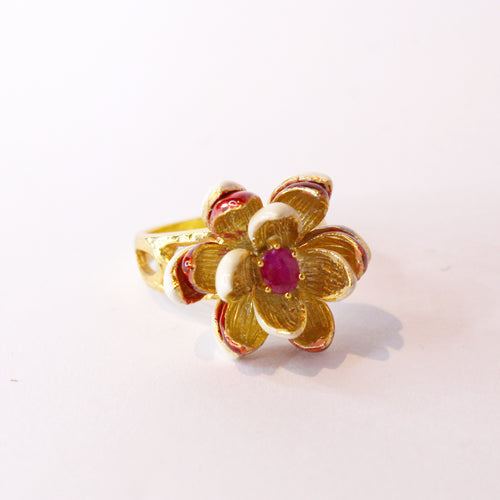 Ruby and Enamel Lotus Flower Ring