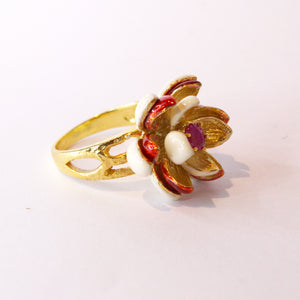 Ruby and Enamel Lotus Flower Ring