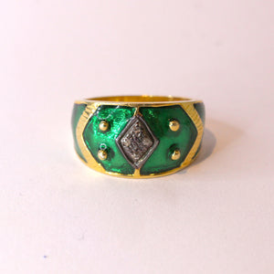 Sterling Silver Gold Plate Diamond and Green Enamel Ring