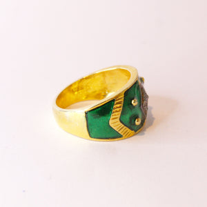 Sterling Silver Gold Plate Diamond and Green Enamel Ring