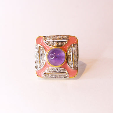 Amethyst, Diamond and Pink Enamel Ring
