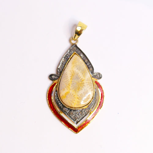 Fossil Petoskey, Diamond and Red Enamel Pendant