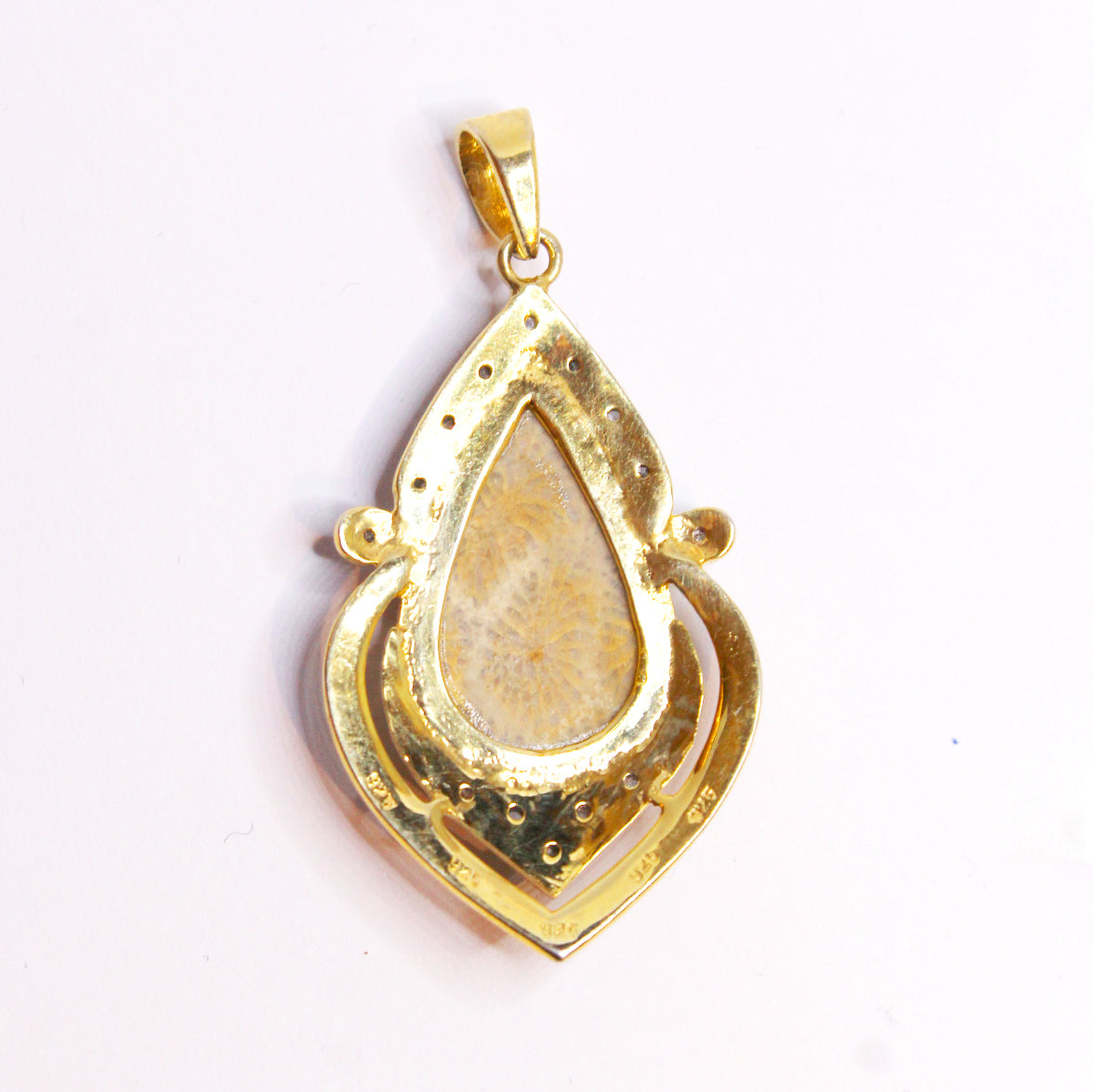 Fossil Petoskey, Diamond and Red Enamel Pendant