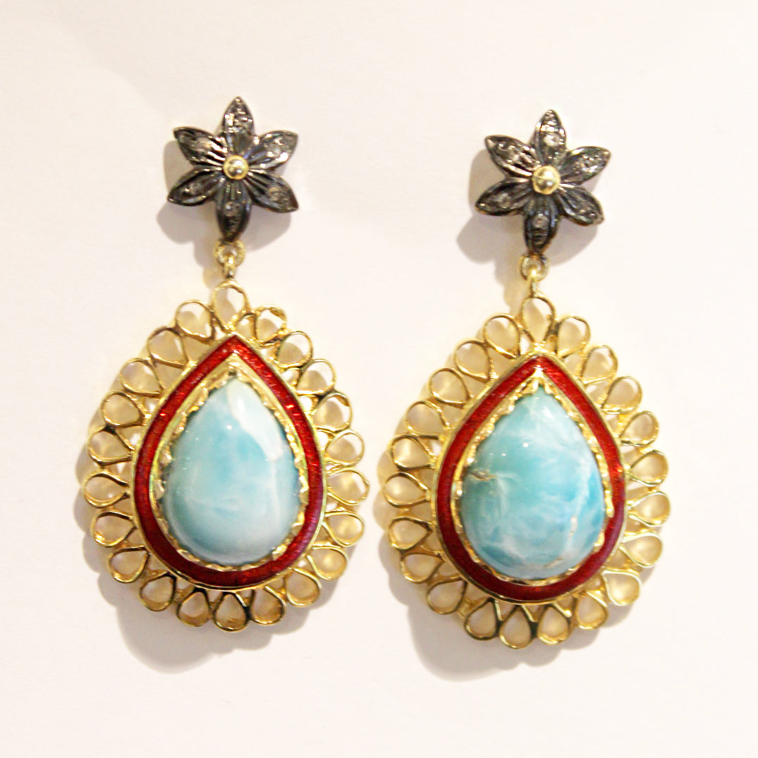 Larimar, Diamond and Red Enamel Drop Earrings