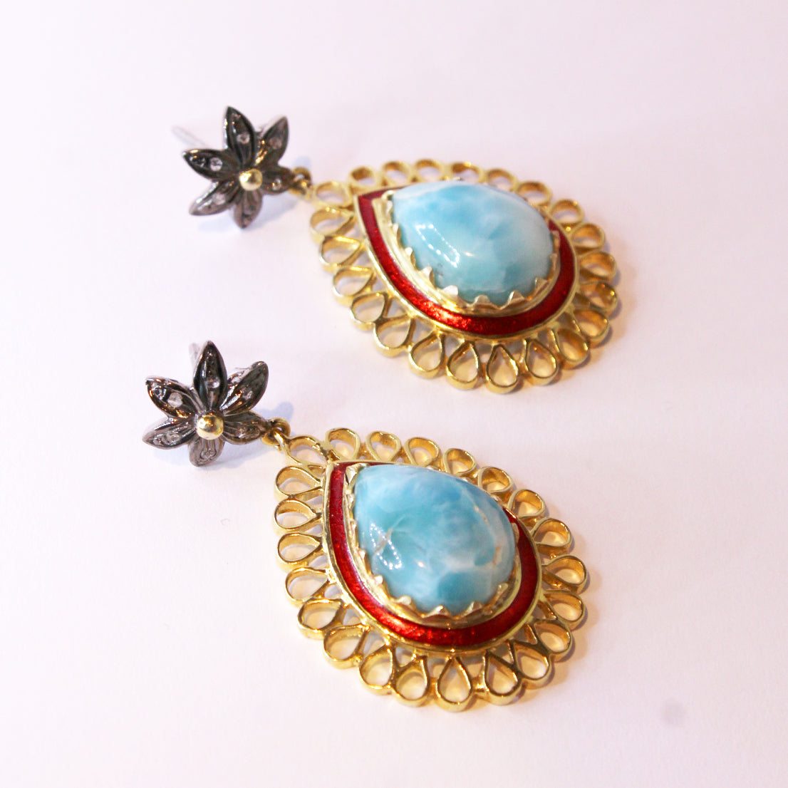 Larimar, Diamond and Red Enamel Drop Earrings