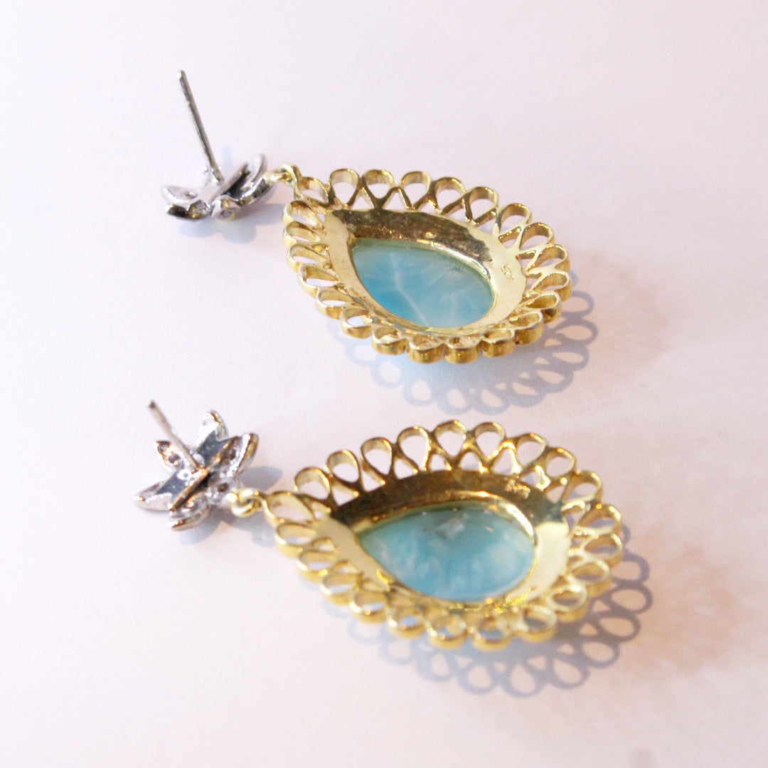 Larimar, Diamond and Red Enamel Drop Earrings
