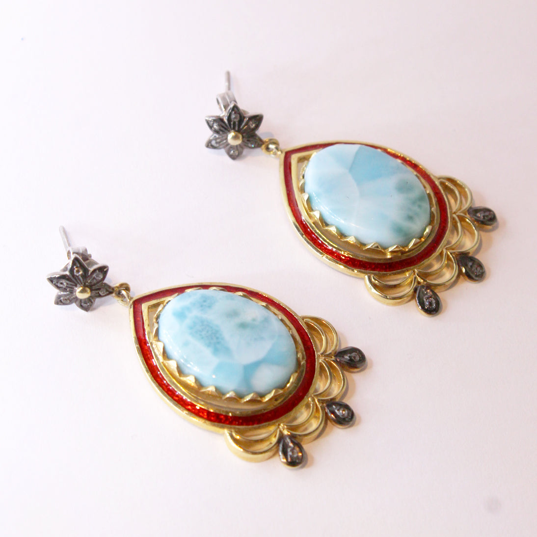 Larimar, Diamond and Enamel Stud Drop Earrings