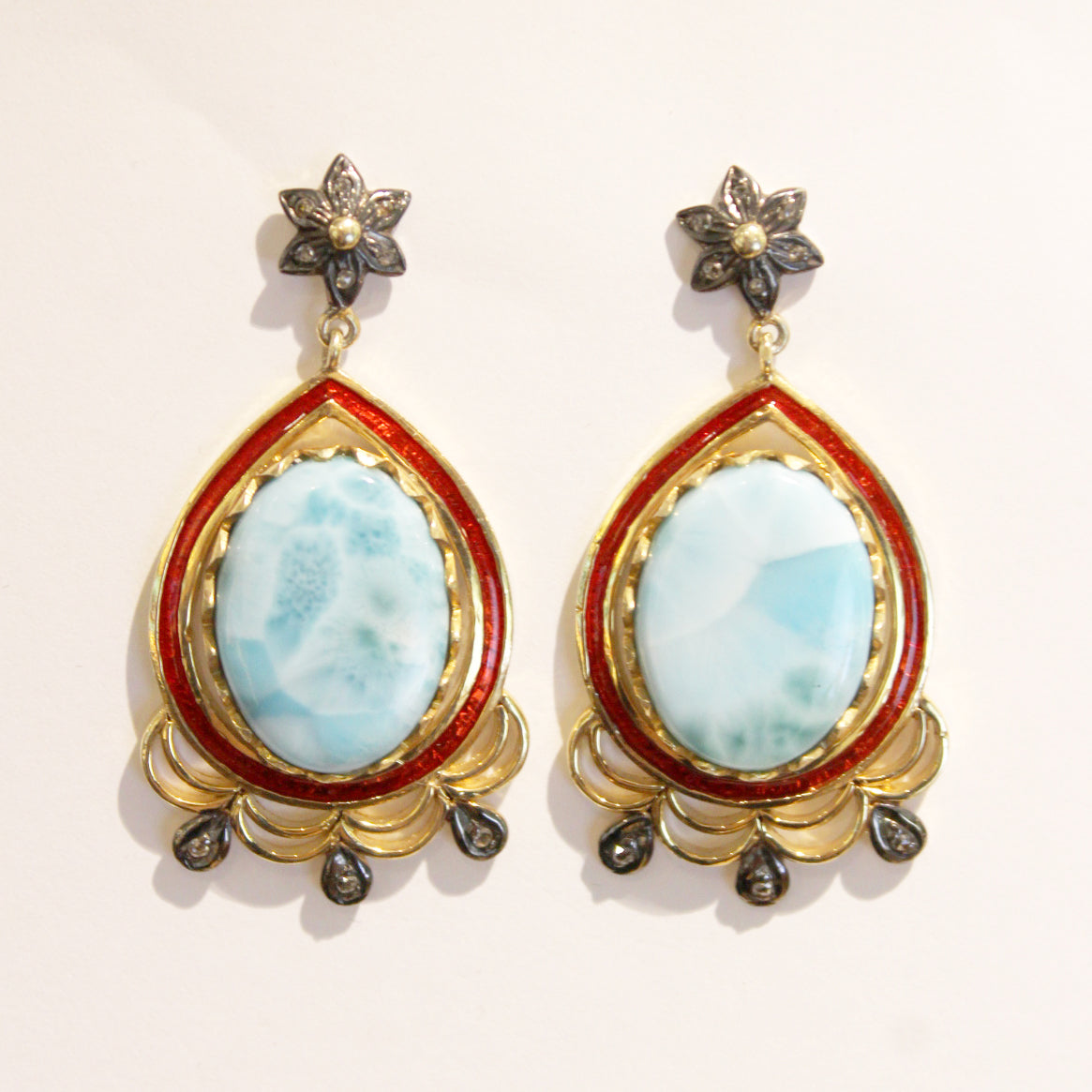 Larimar, Diamond and Enamel Stud Drop Earrings