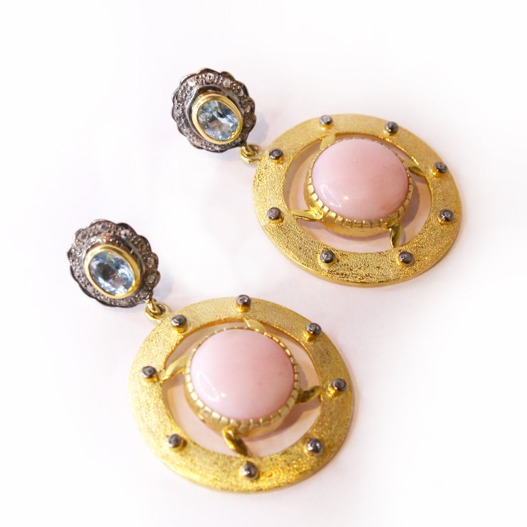 Swiss Blue Topaz, Pink Peruvian Opal and Diamond Earrings