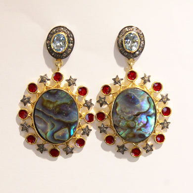 Paua Shell, Blue Topaz, Diamond and Enamel Earrings