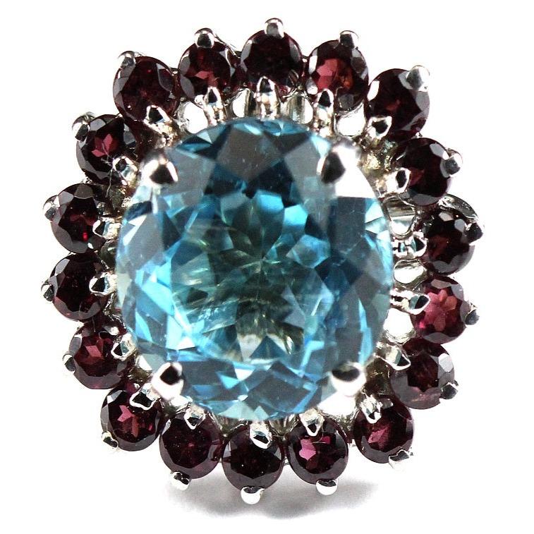 Sterling Silver Swiss Blue Topaz and Garnet Cocktail Ring
