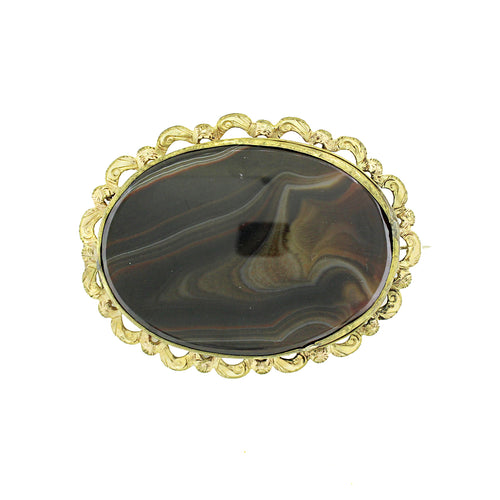 Antique 9ct Yellow Gold Brown Banded Agate Mourning Brooch