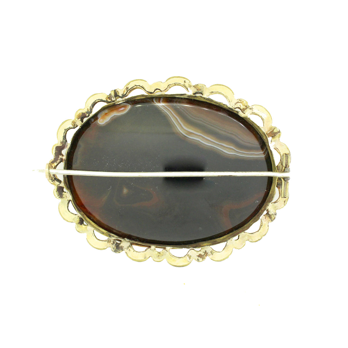 Antique 9ct Yellow Gold Brown Banded Agate Mourning Brooch