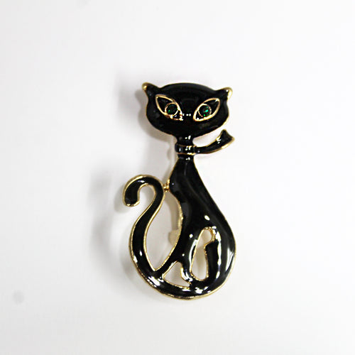 Gold Plate Black Enamel Green Crystal Cat Brooch