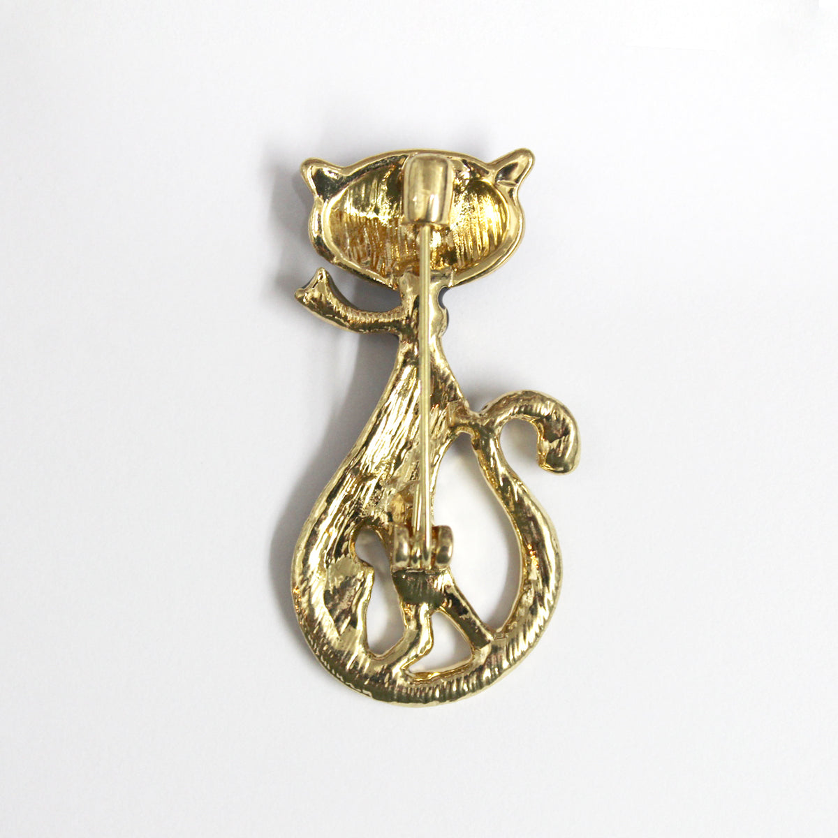 Gold Plate Black Enamel Green Crystal Cat Brooch