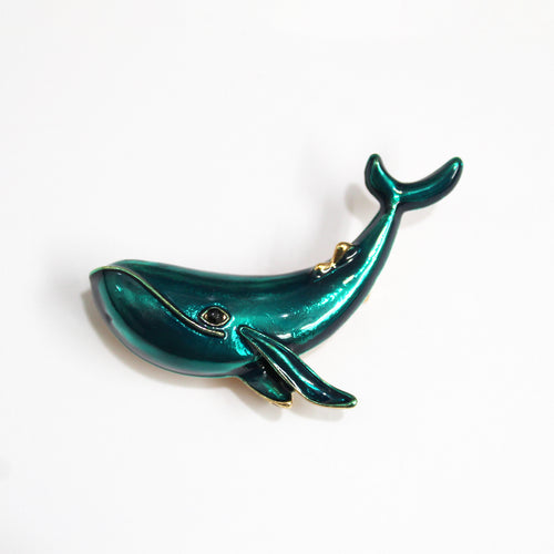 Gold Plate Teal Enamel Blue Whale Brooch