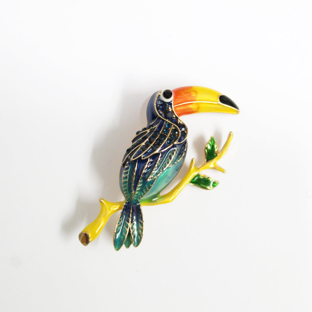 Gold Plate Yellow, Blue and Orange Enamel and Blue Crystal Toucan Brooch