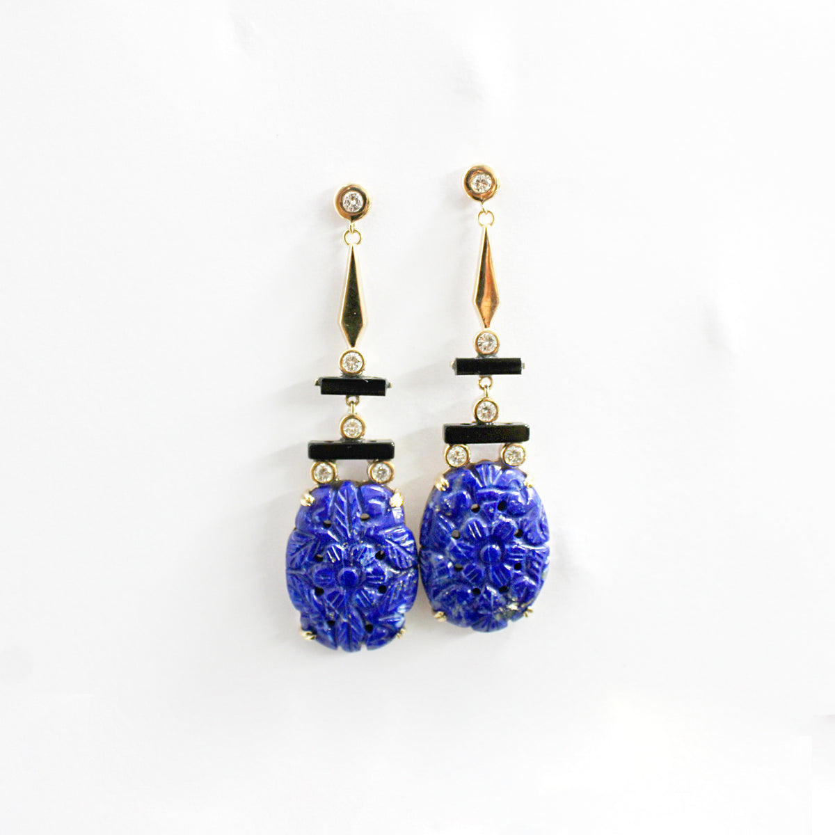 Carved Lapis Lazuli, Black Onyx and Diamond Earrings